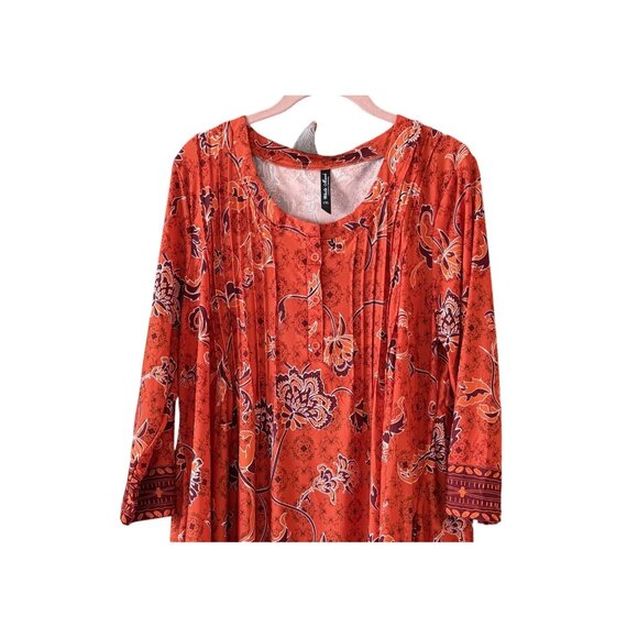 White Mark Floral Tunic Top 1XL 3/4 Sleeve Boho Assymetric Hem Red Orange Womens - Picture 2 of 6